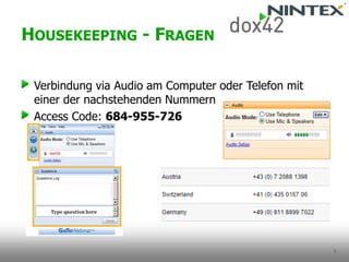3 
Verbindungvia Audio am Computer oderTelefonmiteinerder nachstehendenNummern 
Access Code: 684-955-726 
HOUSEKEEPING-FRAGEN  