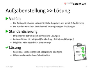 Aufgabenstellung >> Lösung 
Vielfalt 
–Die Amtsstellen haben unterschiedliche Aufgaben und somit IT-Bedürfnisse 
–Die Kunden wünschen zeitnahe und kostengünstigen IT-Lösungen 
Standardisierung 
–Effizienter IT-Betrieb durch einheitliche Lösungen 
–Kosteneffizienz ist zwingend (Beschaffung, Betrieb und Changes) 
–Möglichst «Ein Bedürfnis –Eine Lösung» 
Lösung 
–Funktional spezialisierte und abgegrenzte Bausteine 
–Offene und erweiterbare Schnittstellen 
23.09.2014 Documents for Everyone mit Nintex & dox42 31 
 