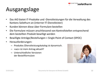 Ausgangslage 
•Das AIO bietet IT-Produkte und -Dienstleistungen für die Verwaltung des Kantons Solothurn an (interner IT-Dienstleister) 
•Kunden können diese über Formulare bestellen 
•Die Formulare müssen anschliessend von Kontrollstellen entsprechend dem bestellten Produkt bewilligt werden 
•Bewilligte Anträge/Bestellungen > Single Point ofContact(SPOC) 
•Herausforderungen: 
–Produkte-/Dienstleistungskatalog ist dynamisch. 
–«wo» ist mein Antrag aktuell? 
–Unterschiedliche Versionen der Bestellformulare 
23.09.2014 Documents for Everyone mit Nintex & dox42 32 
 