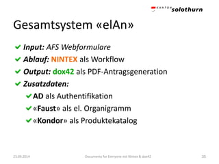 Gesamtsystem «elAn» 
23.09.2014 35 
Input: AFS Webformulare 
Ablauf: NINTEXals Workflow 
Output: dox42als PDF-Antragsgeneration 
Zusatzdaten: 
ADals Authentifikation «Faust» als el. Organigramm «Kondor» als Produktekatalog 
Documents for Everyone mit Nintex & dox42 
 