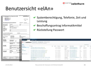 Benutzersicht «elAn» 
23.09.2014 36 
Systemberechtigung, Telefonie, Zeit und Leistung 
Beschaffungsantrag Informatikmittel 
Rückstellung Passwort 
Documents for Everyone mit Nintex & dox42 
 