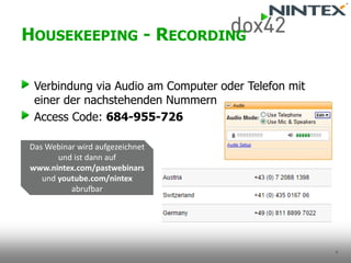 4 
Verbindungvia Audio am Computer oderTelefonmiteinerder nachstehendenNummern 
Access Code: 684-955-726 
HOUSEKEEPING-RECORDING 
Das Webinar wirdaufgezeichnetund istdannauf www.nintex.com/pastwebinars undyoutube.com/nintexabrufbar  