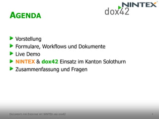 5 
Vorstellung 
Formulare, Workflows und Dokumente 
Live Demo 
NINTEX & dox42Einsatz im Kanton Solothurn 
Zusammenfassung und Fragen 
AGENDA 
DOCUMENTSFOREVERYONEMITNINTEX UNDDOX42  