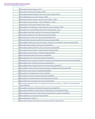 Documents about [life insurance quotes]
All Documents>>Most Viewed Documents>>


                         1 [finance]Life Insurance Quotes_27517_
                         2 [finance]Term Life Insurance Quotes_22388_
                         3 [finance]Guaranteed Acceptance Term Life Insurance Quotes_20537_
                         4 [finance]Mortgage Life Insurance Quotes_24320_
                         5 [finance]Life Insurance Quotes How Do I Find The Best _24294_
                         6 [finance]Life Insurance Quotes - Why The Difference _23673_
                         7 [finance]Term Life Insurance Quotes Online_23414_
                         8 [finance]What is the Best Way to Find Cheap Life Insurance Quotes_18942_
                         9 [finance]How To Find No Medical Life Insurance Quotes Online_18411_
                        10 [finance]Be Honest When Looking For Life Insurance Quotes[16427]
                        11 [finance]Your Weight and Term Life Insurance Quotes[14292]
                        12 [finance]A Closer Look At Term Life Insurance Quotes[14110]
                        13 [finance]A Better Secured Living With Life Insurance Quotes[14089]
                        14 [finance]Before Seeking Life Insurance Quotes Consider This Individual or Group Insurance[12010]
                        15 [finance]No Medical Online Life Insurance Quotes[10541]
                        16 [finance]Saving Money With Free Term Life Insurance Quotes[7538]
                        17 [finance]Life Insurance Quotes - Cheap Ones Are Possible_[5285]
                        18 [finance]Life Insurance Quotes - Defying Emergencies[3528]
                        19 [finance]Getting the Best Life Insurance Quotes[3549]
                        20 [finance]Getting Term Life Insurance Quotes is Easy[3532]
                        21 [finance]Get Term Life Insurance Quotes From Brokers That Represent Financially Sound Careers[4387]
                        22 [finance]Best Ways of Getting Life Insurance Quotes[4437]
                        23 [finance]Best Ways of Getting Cheap Term Life Insurance Quotes[4421]
                        24 [finance]Obtain Instant Online Life Insurance Quotes - No Medical Exam Required[1976]
                        25 [finance]How to get Treasury Unclaimed Money[6802]
                        26 [finance]How to Get Approved for a Fast Loan[6791]
                        27 [finance]How to Finance a New and Existing Venture[6780]
                        28 [finance]How to Decide How Much to Insure My Home For [6750]
                        29 [finance]How Does Guaranteed Life Insurance Work [6776]
                        30 [finance]How Deciding to Raise Your Deductible Can Help You Save 20_ or More on Your Homeowners
                           Insurance[6728]
                        31 [finance]Home Contents and Personal Possessions Insurance[6748]
                        32 [finance]HAS FINANCIAL CRISIS EFFECT DUBAI REAL ESTATE MARKET[6746]
                        33 [finance]Getting Approved for a Bad Credit Loan-Everything You Need to Know[6789]
                        34 [finance]Getting a Law Suit Cash Advance[6801]
                        35 [finance]Gauteng Living[6777]
                        36 [finance]Gas Reward Credit Cards Are Not Popular Without A Reason[6761]
 
