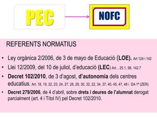 PEC                                              NOFC

   REFERENTS NORMATIUS
• Ley orgànica 2/2006, de 3 de mayo de Educació (LOE). Art 124 i 142
• Llei 12/2009, del 10 de juliol, d’educació (LEC) Art. . 25.1, 98, 142.7
• Decret 102/2010, de 3 d’agost, d’autonomia dels centres
  educatius. Art. 18, 19, 22, 23, 24, 27, 28, 29, 30, 32, 22, 34, 37, 40, 45, 47, 48 i DA 1ª (ZER)
• Decret 279/2006, de 4 d’abril, sobre drets i deures de l’alumnat derogat
  parcialment (art. 4 i Títol IV) pel Decret 102/2010.
 