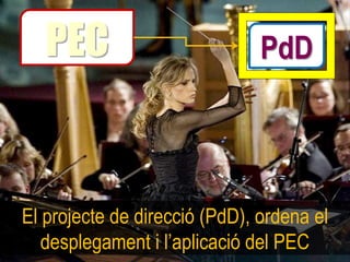 PEC                         PdD




El projecte de direcció (PdD), ordena el
   desplegament i l’aplicació del PEC
 