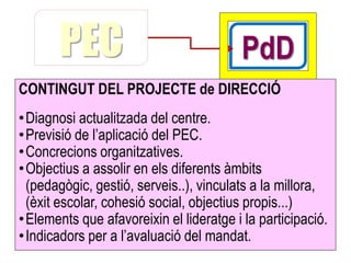 PEC                               PdD
CONTINGUT DEL PROJECTE de DIRECCIÓ
•Diagnosi actualitzada del centre.
•Previsió de l’aplicació del PEC.
•Concrecions organitzatives.
•Objectius a assolir en els diferents àmbits
 (pedagògic, gestió, serveis..), vinculats a la millora,
 (èxit escolar, cohesió social, objectius propis...)
•Elements que afavoreixin el lideratge i la participació.
•Indicadors per a l’avaluació del mandat.
 
