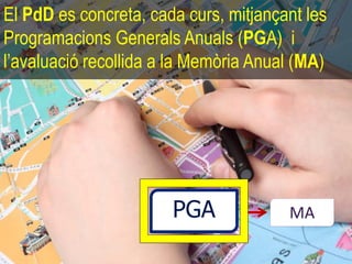 El PdD es concreta, cada curs, mitjançant les
Programacions Generals Anuals (PGA) i
l’avaluació recollida a la Memòria Anual (MA)




                       PGA             MA
 