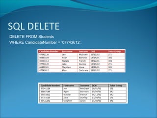 SQL DELETE
DELETE FROM Students
WHERE CandidateNumber = ‘07743612’;
 