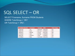 SQL SELECT – OR
SELECT Forename, Surname FROM Students
WHERE TutorGroup = ‘3R1’
OR TutorGroup = ‘3R2’;
 