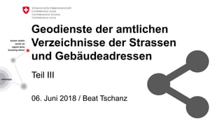 Geodienste der amtlichen
Verzeichnisse der Strassen
und Gebäudeadressen
Teil III
06. Juni 2018 / Beat Tschanz
 
