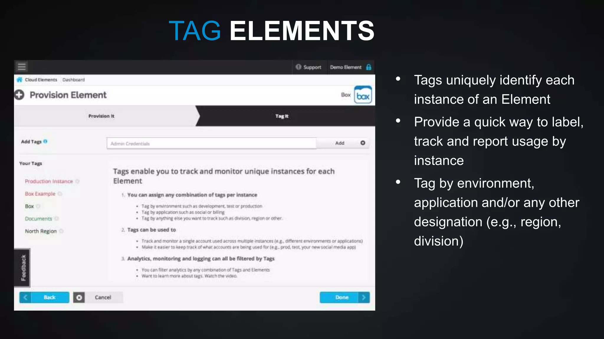 TAG ELEMENTS
•

Tags uniquely identify each
instance of an Element

•

Provide a quick way to label,
track and report usage by
instance

•

Tag by environment,
application and/or any other
designation (e.g., region,
division)

 