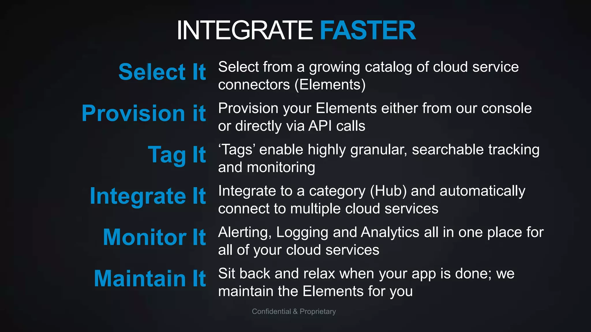 INTEGRATE FASTER
Select It
Provision it
Tag It

Integrate It
Monitor It

Maintain It

Select from a growing catalog of cloud service
connectors (Elements)
Provision your Elements either from our console
or directly via API calls
„Tags‟ enable highly granular, searchable tracking
and monitoring
Integrate to a category (Hub) and automatically
connect to multiple cloud services
Alerting, Logging and Analytics all in one place for
all of your cloud services

Sit back and relax when your app is done; we
maintain the Elements for you
Confidential & Proprietary

 