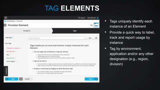 TAG ELEMENTS
•

Tags uniquely identify each
instance of an Element

•

Provide a quick way to label,
track and report usage by
instance

•

Tag by environment,
application and/or any other
designation (e.g., region,
division)

 