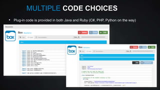 MULTIPLE CODE CHOICES
•

Plug-in code is provided in both Java and Ruby (C#, PHP, Python on the way)

 
