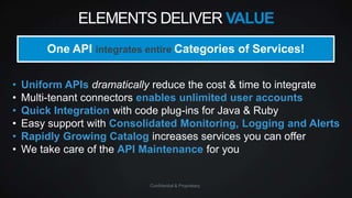 ELEMENTS DELIVER VALUE
One API integrates entire Categories of Services!
•
•
•
•
•
•

Uniform APIs dramatically reduce the cost & time to integrate
Multi-tenant connectors enables unlimited user accounts
Quick Integration with code plug-ins for Java & Ruby
Easy support with Consolidated Monitoring, Logging and Alerts
Rapidly Growing Catalog increases services you can offer
We take care of the API Maintenance for you

Confidential & Proprietary

 
