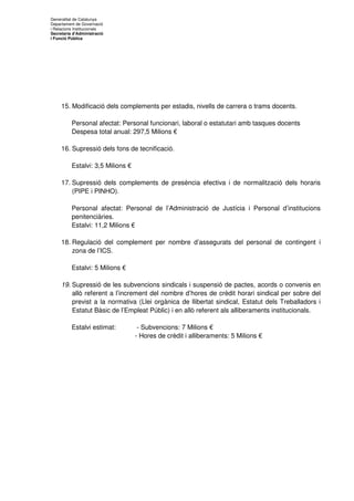 Generalitat de Catalunya
Departament de Governació
i Relacions Institucionals
Secretaria d'Administració
i Funció Pública




     15. Modificació dels complements per estadis, nivells de carrera o trams docents.

          Personal afectat: Personal funcionari, laboral o estatutari amb tasques docents
          Despesa total anual: 297,5 Milions €

     16. Supressió dels fons de tecnificació.

          Estalvi: 3,5 Milions €

     17. Supressió dels complements de presència efectiva i de normalització dels horaris
         (PIPE i PINHO).

          Personal afectat: Personal de l’Administració de Justícia i Personal d’institucions
          penitenciàries.
          Estalvi: 11,2 Milions €

     18. Regulació del complement per nombre d’assegurats del personal de contingent i
         zona de l’ICS.

          Estalvi: 5 Milions €

     19. Supressió de les subvencions sindicals i suspensió de pactes, acords o convenis en
         allò referent a l’increment del nombre d’hores de crèdit horari sindical per sobre del
         previst a la normativa (Llei orgànica de llibertat sindical, Estatut dels Treballadors i
         Estatut Bàsic de l’Empleat Públic) i en allò referent als alliberaments institucionals.

          Estalvi estimat:          - Subvencions: 7 Milions €
                                   - Hores de crèdit i alliberaments: 5 Milions €
 