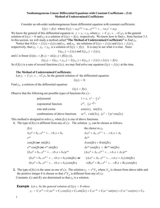 Nonhomogeneous Linear Differential Equations with Constant Coefficients - (3.4)
Method of Undetermined Coefficients
Consider an nth-order nonhomogeneous linear differential equation with constant coefficients:
L!y" ! f!x" where L!y" ! any!n" " an!1y!n!1" "..."a1y#
" a0y.
We know the general of this differential equation is: y ! yc " yp where yc ! C1y1 "..."Cnyn is the general
solution of L!y" ! 0 and yp is a solution of L!y" ! f!x", respectively. We know how to find yc from Section 3.3.
In this section, we will study a method called “The Method of Undetermined Coefficients” to find yp.
Notice that if f!x" ! f1!x" " f2!x" and yp1 and yp2 are solutions of L!y" ! f1!x" and L!y" ! f2!x",
respectively, then yp ! yp1 " yp2 is a solution of L!y" ! f!x". It is easy to see what it is true. Since
L!yp1 " ! f1!x" and L!yp2 " ! f2!x",
and L is linear !L!!y1 " "y2 " ! !L!y1 " " "L!y2 "",
L!yp " ! L!yp1 " yp2 " ! L!yp1 " " L!yp2 " ! f1!x" " f2!x" ! f!x".
So if f!x" is a sum of several functions fi!x", we may find solve one equation L!y" ! fi!x" at the time.
The Method of Undetermined Coefficients:
Let yc ! C1y1 "..."Cnyn be the general solution of the differential equation:
L!y" ! 0.
Find yp, a solution of the differential equation:
L!y" ! f!x".
Observe that the following are possible types of functions for yi
#
s :
polynomial 1 " x, x2
! 1
2
x3
exponential function e2x
, 1
3
e! 2 x
sine and cosine cos!#x", sin!2x"
combinations of above functions xe2x
, xsin!3x", !x2
! 1"ex
cos!2x"
This method is designed to solve yp when f!x" is one of above functions.
1. The type of f!x" is different from any of yi
#
s. The solution yp can be chosen as follows.
f!x" the choice to yp
bkxk
" bk!1xk!1
"..."b1x " b0 Akxk
" Ak!1xk!1
"..."A1x " A0
eax
Aeax
cos!"x"or sin!"x" Acos!"x" " Bsin!"x"
e!x
cos!"x"or e!x
sin!"x" Ae!x
cos!"x" " Be!x
sin!"x"
!bkxk
" bk!1xk!1
"..."b1x " b0 "e!x
!Akxk
" Ak!1xk!1
"..."A1x " A0 "e!x
!bkxk
" bk!1xk!1
"..."b1x " b0 "sin!"x" or
!bkxk
" bk!1xk!1
"..."b1x " b0 "cos!"x"
!Akxk
" Ak!1xk!1
"..."A1x " A0 "sin!"x"
"!Bkxk
" Bk!1xk!1
"..."B1x " B0 "cos!"x"
2. The type of f!x" is the same as one of yi
#
s. The solution yp ! xh
y p where y p is chosen from above table and
the positive integer h is chosen so that xh
y p is different from any of yi
#
s.
Constants Ai
#
s and Bi
#
s are determined so that yp is a solution.
Example Let yc be the general solution of L!y" ! 0 where
yc ! C1e2x
" C2xe2x
" C3 cos!2x" " C4 sin!2x" " C5e!2x
" C6e!x
sin!#x" " C7e!x
cos!#x" " C8.
1
 