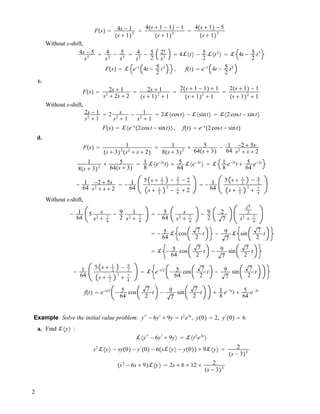 F!s" ! 4s ! 1
!s # 1"3
!
4!s # 1 ! 1" ! 1
!s # 1"3
!
4!s # 1" ! 5
!s # 1"3
Without s-shift,
4s ! 5
s3
! 4
s2
! 5
s3
! 4
s2
! 5
2
2!
s3
! 4!#t$ ! 5
2
!#t3
$ ! ! 4t ! 5
2
t3
F!s" ! ! e!t
4t ! 5
2
t3
, f!t" ! e!t
4t ! 5
2
t3
c.
F!s" ! 2s # 1
s2
# 2s # 2
! 2s # 1
!s # 1"2
# 1
!
2!s # 1 ! 1" # 1
!s # 1"2
# 1
!
2!s # 1" ! 1
!s # 1"2
# 1
Without s-shift,
2s ! 1
s2
# 1
! 2 s
s2
# 1
! 1
s2
# 1
! 2!#cost$ ! !#sint$ ! !#2cost ! sint$
F!s" ! !#e!t
!2cost ! sint"$, f!t" ! e!t
!2cost ! sint"
d.
F!s" ! 1
!s # 3"2
!s2
# s # 2"
! 1
8!s # 3"2
# 5
64!s # 3"
! 1
64
!2 # 5s
s2
# s # 2
1
8!s # 3"2
# 5
64!s # 3"
! 1
8
!#e!3t
t$ # 5
64
!#e!3t
$ ! ! 1
8
e!3t
t # 5
64
e!3t
! 1
64
!2 # 5s
s2
# s # 2
! ! 1
64
5 s # 1
2
! 5
2
! 2
s # 1
2
2
! 1
4
# 2
! ! 1
64
5 s # 1
2
! 9
2
s # 1
2
2
# 7
4
Without s-shift,
! 1
64
5 s
s2
# 7
4
! 9
2
1
s2
# 7
4
! ! 5
64
s
s2
# 7
4
! 9
2
2
7
7
2
s2
# 7
4
! ! 5
64
! cos
7
2
t ! 9
7
! sin
7
2
t
! ! ! 5
64
cos
7
2
t ! 9
7
sin
7
2
t
! 1
64
5 s # 1
2
! 9
2
s # 1
2
2
# 7
4
! ! e!t/2
! 5
64
cos
7
2
t ! 9
7
sin
7
2
t
f!t" ! e!t/2
! 5
64
cos
7
2
t ! 9
7
sin
7
2
t # 1
8
e!3t
t # 5
64
e!3t
Example Solve the initial value problem: y$$
! 6y$
# 9y ! t2
e3t
, y!0" ! 2, y$
!0" ! 6
a. Find !#y$ :
!#y$$
! 6y$
# 9y$ ! !#t2
e3t
$
s2
!#y$ ! sy!0" ! y$
!0" ! 6!s!#y$ ! y!0"" # 9!#y$ ! 2
!s ! 3"3
!s2
! 6s # 9"!#y$ ! 2s # 6 # 12 # 2
!s ! 3"3
2
 