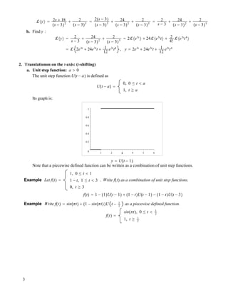 !#y$ ! 2s # 18
!s ! 3"2
# 2
!s ! 3"5
!
2!s ! 3"
!s ! 3"2
# 24
!s ! 3"2
# 2
!s ! 3"5
! 2
s ! 3
# 24
!s ! 3"2
# 2
!s ! 3"5
b. Find y :
!#y$ ! 2
s ! 3
# 24
!s ! 3"2
# 2
!s ! 3"5
! 2!#e3t
$ # 24!#e3t
t$ # 2
4!
!#e3t
t4
$
! ! 2e3t
# 24e3t
t # 1
12
e3t
t4
, y ! 2e3t
# 24e3t
t # 1
12
e3t
t4
2. Translationon on the t-axis: (t-shifting)
a. Unit step function: a " 0
The unit step function U!t ! a" is defined as
U!t ! a" !
0, 0 $ t % a
1, t % a
Its graph is:
0
0.2
0.4
0.6
0.8
1
1 2 3 4 5 6x
y ! U!t ! 1"
Note that a piecewise defined function can be written as a combination of unit step functions.
Example Let f!t" !
1, 0 $ t % 1
1 ! t, 1 $ t % 3
0, t % 3
. Write f!t" as a combination of unit step functions.
f!t" ! 1 ! !1"U!t ! 1" # !1 ! t"U!t ! 1" ! !1 ! t"U!t ! 3"
Example Write f!t" ! sin!!t" # !1 ! sin!!t""U t ! 1
2
as a piecewise defined function.
f!t" !
sin!!t", 0 $ t % 1
2
1, t % 1
2
3
 
