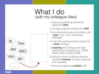 What I do
(with my colleague Alex)
1.devise a publishing scheme to
determine URIs
2.translate original metadata into RDF
3.links discovery and reconciliation with
“hubs” (e.g., LoC, Geonames,
DBPedia)
4.make the existing schema explicit as
a local ontology
5.matching the ontology onto well-
established ontologies (e.g., DCMI,
FOAF, SKOS, CIDOC-CRM)
6.advice on how to express machine-
readable licenses, for both resources
and metadata
7.technical support to publish LOD
BL
BM
BFI
Tate
V&A
…
BBC
 