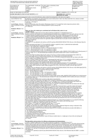 DEPARTMENT OF HEALTH AND HUMAN SERVICES
CENTERS FOR MEDICARE & MEDICAID SERVICES
PRINTED:2/12/2018
FORM APPROVED
OMB NO. 0938-0391
STATEMENT OF
DEFICIENCIES
AND PLAN OF
CORRECTION
(X1) PROVIDER / SUPPLIER
/ CLIA
IDENNTIFICATION
NUMBER
335663
(X2) MULTIPLE CONSTRUCTION
A. BUILDING ______
B. WING _____
(X3) DATE SURVEY
COMPLETED
03/29/2017
NAME OF PROVIDER OF SUPPLIER
SAFIRE REHABILITATION OF SOUTHTOWN, L L C
STREET ADDRESS, CITY, STATE, ZIP
300 DORRANCE AVENUE
BUFFALO, NY 14220
For information on the nursing home's plan to correct this deficiency, please contact the nursing home or the state survey agency.
(X4) ID PREFIX TAG SUMMARY STATEMENT OF DEFICIENCIES (EACH DEFICIENCY MUST BE PRECEDED BY FULL REGULATORY
OR LSC IDENTIFYING INFORMATION)
F 0323
Level of harm - Minimal
harm or potential for actual
harm
Residents Affected - Few
(continued... from page 2)
with cement.
Review of the facility policy Preventative Maintenance dated 2/1/17 revealed that routine inspections promote safety
throughout the facility and aid in keeping equipment in good working order.
415.12(h)(1)(2)
F 0325
Level of harm - Minimal
harm or potential for actual
harm
Residents Affected - Few
Make sure that each resident gets a nutritional and well balanced diet, unless it is not
possible to do so.
**NOTE- TERMS IN BRACKETS HAVE BEEN EDITED TO PROTECT CONFIDENTIALITY**
Based on interview and record review conducted during the Standard survey completed 3/9/17, the facility did not ensure that
a resident maintains acceptable parameters of nutritional status, such as body weight and protein levels, unless the
resident's clinical condition demonstrates that this is not possible. Specifically, two (Residents #131,184) of four
residents reviewed for nutrition had issues involving a delay in implementation of planned nutritional supplements, the
lack of timely nutritional interventions for significant weight loss and the lack of care plan revisions to address the
significant weight loss.
The findings are:
1. Resident #131 was admitted to the facility on [DATE] and has [DIAGNOSES REDACTED]. Review of the Minimum Data Set
(MDS -
resident assessment tool) dated 12/17/16 revealed the resident is cognitively intact, is understood and understands.
Review of the Weight Record revealed the following weights:
12/07/16 - 207.4 pounds (lbs.) (Admission weight)
12/13/16 - 199.75 lbs (showing a 7.65 lbs / 3.7 % (percent) decrease in six days)
12/20/16 - 194.4 lbs (showing a 13 lbs / 6.3 % decrease in 13 days)
12/27/16 - 192 lbs (showing a 15.4 lbs / 7.4 % decrease in 20 days)
Review of Nutritional assessment dated [DATE] revealed weight variance stable, [MEDICATION NAME] level (a blood protein) 3.5
(reference range 3.6-5.1). The documented plan included to provide the resident with 8 ounces of fortified milk at
breakfast.
Review of the Meal Acceptance Sheet for the week of 12/12/16 to 12/18/16 revealed no documentation that resident was
receiving the eight ounces of fortified milk at breakfast. The fortified milk was not listed on the sheet.
Review of the Meal Acceptance Sheet for Week of 12/19/16 to 12/25/2016 revealed the fortified milk was listed on the sheet
and the resident was accepting less than 50 %.
Review of a Dietary Progress Note dated 12/23/16 documented lab results from 12/21/16, [MEDICATION NAME] level down to 3.3.
PO (by mouth) intakes 25-100% meals. Refuses - 50% fortified milk. Resident on weekly weights.
Review of the entire medical chart revealed no other dietary documentation.
Review of physician progress notes [REDACTED]. Physical exam weight documented as NA (not applicable).
Review of the Comprehensive Care Plan dated 12/12/16 revealed under Nutritional Status a goal that resident will maintain
stable weight without significant weight change throughout next review. Interventions include to provide eight ounces of
fortified milk.
2. Resident #184 was admitted to the facility on [DATE] and has [DIAGNOSES REDACTED]. Review of the MDS dated [DATE]
revealed the resident is cognitively intact, is understood and understands.
Review of the Weight Record revealed the following weights:
2/10/17 - 205 lbs (Admission weight)
2/14/17 - 193.6 lbs (showing a 11.4 lbs / 5.6 % decrease in 4 days)
2/21/17 - 193.3 lbs (showing a 11.7 lbs / 5.7% decrease in 11 days)
2/28/17 - 191.4 lbs (showing a 13.6 lbs / 6.6% decrease in 18 days)
Review of a Nutritional assessment dated [DATE] revealed weight variance stable, [MEDICATION NAME] level (a blood protein)
2.6 (reference range 3.6-5.1). The documented plan included, D/T (due to) low [MEDICATION NAME] will receive will receive
fortified milk at all meals.
Review of the entire medical chart revealed no other dietary documentation.
Review of Adult Nurse Practitioner Note dated 2/28/17 revealed no documented evidence addressing the weight loss.
Review of the Meal Acceptance Sheet for Week of 2/14/17 through 2/19/17 revealed no documentation that resident was
receiving the eight ounces of fortified milk at all meals. The fortified milk was not listed on the sheet.
Review of the Meal Acceptance Sheet for Week of 2/20/17 to 2/26/2017 revealed the fortified milk was listed on the sheet and
the resident was accepting an average of approximately 75 - 100 %.
Review of the Comprehensive Care Plan dated 2/15/17 revealed under Nutritional Status a goal that resident will maintain
stable weight without significant weight change throughout next review. Interventions include to provide fortified milk.
During an interview on 3/28/17 at 9:31 AM the Diet Technician stated I monitor weekly weights by recording them on the
weight grid sheets that are in the charts every week. If we need a reweight I ask the nurse and the nurse will ask the
aides to do it. The reason why the fortified milk was not on the intake sheets is because I only print the sheets (meal
acceptance) up weekly. Every time there would be a nourishment change, I would have to print up new sheets.
During an interview on 3/28/17 at 9:38 AM, the Registered Dietitian stated We document weights monthly. We should be
documenting the weekly weights and looking closer at them. We should have addressed the weight loss, but we didn't. I
question how accurate admission weights are and that is why I didn't document anything about the weight losses. We should
have also addressed the weight loss on the care plans and with the physician. The fortified milk should have been added to
the intake sheets right away when we initiated it and not wait till they get printed the next week. We will need to go and
hand write them on the sheets.
Review of policy entitled Nutrition (Impaired) Unplanned Weight Loss- Clinical Protocol dated 2/1/17 revealed the following
the threshold for significant unplanned and undesired weight loss will be based on the following criteria:
One month- 5% weight loss is significant; greater than 5% is severe.
Three months- 7.5% weight loss is significant; greater than 7.5 % is severe.
Six months- 10% weight loss is significant; greater than 10% is severe.
In addition, the Physician will consider whether any assessment including additional diagnostic testing is indicated to help
clarify the severity or consequences of weight loss and/ or impaired nutrition.
Review of the policy entitled Nutritional assessment dated [DATE] revealed an individualized care plans shall address, to
the extent possible:
a. The identified causes of impaired nutrition.
b. The resident's personal preferences.
c. Goals and benchmarks for improvement.
d. Timeframes and parameters for monitoring and reassessment.
e. Resident behavior i.e. weight refusal.
Additionally, The IDT (Interdisciplinary Team) will discuss resident status (i.e. weight gain or loss) at the am meeting and
weekly weight meeting.
415.12(i)(1)
F 0334
Level of harm - Minimal
harm or potential for actual
harm
Residents Affected - Few
Develop policies and procedures for influenza and pneumococcal immunizations.
**NOTE- TERMS IN BRACKETS HAVE BEEN EDITED TO PROTECT CONFIDENTIALITY**
Based on interview and record review conducted during the Standard Survey completed on 3/29/17, the facility did not develop
policies and procedures that ensure that each resident is offered a pneumococcal immunization, unless the immunization is
medically contraindicated or the resident has been immunized with the vaccine. Two (Residents #8, 175) of five residents
reviewed for influenza and pneumococcal vaccination had issues with the lack of administration of the influenza vaccination
(Resident #175), and lack of screening the status for influenza and pneumococcal vaccination (Resident #8).
The findings are:
1. Resident #175, admitted on [DATE] has [DIAGNOSES REDACTED]. Review of the Minimum Data Set (MDS - a resident
assessment
FORM CMS-2567(02-99)
Previous Versions Obsolete
Event ID: YL1O11 Facility ID: 335663 If continuation sheet
Page 3 of 4
 