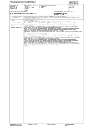 DEPARTMENT OF HEALTH AND HUMAN SERVICES
CENTERS FOR MEDICARE & MEDICAID SERVICES
PRINTED:2/12/2018
FORM APPROVED
OMB NO. 0938-0391
STATEMENT OF
DEFICIENCIES
AND PLAN OF
CORRECTION
(X1) PROVIDER / SUPPLIER
/ CLIA
IDENNTIFICATION
NUMBER
335663
(X2) MULTIPLE CONSTRUCTION
A. BUILDING ______
B. WING _____
(X3) DATE SURVEY
COMPLETED
03/29/2017
NAME OF PROVIDER OF SUPPLIER
SAFIRE REHABILITATION OF SOUTHTOWN, L L C
STREET ADDRESS, CITY, STATE, ZIP
300 DORRANCE AVENUE
BUFFALO, NY 14220
For information on the nursing home's plan to correct this deficiency, please contact the nursing home or the state survey agency.
(X4) ID PREFIX TAG SUMMARY STATEMENT OF DEFICIENCIES (EACH DEFICIENCY MUST BE PRECEDED BY FULL REGULATORY
OR LSC IDENTIFYING INFORMATION)
F 0334
Level of harm - Minimal
harm or potential for actual
harm
Residents Affected - Few
(continued... from page 3)
tool) dated 1/29/17 revealed that the resident has no cognitive impairment, understands and is understood.
Review of the Influenza Immunization Form dated 1/19/17 revealed the resident signed a consent to receive the influenza
immunization; however, review of the resident's medical record on 3/23/17 revealed the resident had not received the
influenza vaccination.
During an interview on 3/23/17 at approximately 7:45 AM, the Registered Nurse (RN) Unit Manager (UM) stated that the
resident had not received the vaccine and should have had it administered In January.
Review of the facility's policy entitled Immunization: Influenza and (Flu) Prevention and Disease Transmission revealed that
current and newly admitted residents will be offered the influenza vaccine during the current annual influenza season.
Vaccines will be ordered by the physician and administered when the vaccine is available.
2. Resident #8, admitted on [DATE] has [DIAGNOSES REDACTED]. Review of the MDS dated [DATE] revealed that the resident
has
no cognitive impairment, understands and is understood.
Review of the resident's medical record on 3/23/17 revealed that it did not contain any information regarding the resident's
status for influenza and pneumococcal vaccinations.
During an interview on 3/23/17 at approximately 7:45 AM, the RN UM stated that the resident should have been screened upon
admission and she would screen the resident's immunization status immediately.
Review of the facility's policy entitled Immunization: Influenza and (Flu) Prevention and Disease Transmission dated
10/25/16 revealed that current and newly admitted residents will be offered the influenza vaccine during the current annual
influenza season. Vaccines will be ordered by the physician and administered when the vaccine is available.
Review of the facility's policy entitled Immunization: Pneumococcal Vaccination (PPV) of Residents dated 2/1/17 revealed
that all residents over age 65 should receive the pneumococcal vaccine and each resident's pneumococcal immunization status
will be determined upon admission and documented in the resident's medical record.
415.19(a)(1)
FORM CMS-2567(02-99)
Previous Versions Obsolete
Event ID: YL1O11 Facility ID: 335663 If continuation sheet
Page 4 of 4
 