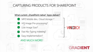CAPTURING PRODUCTS FOR
SHAREPOINT
What current „SharePoint native“ Apps deliver?
• MFP, Mobile dev., Cloud storage ?
• HQ ...