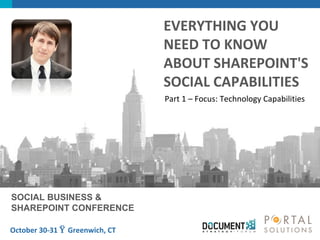 EVERYTHING YOU
                                NEED TO KNOW
                                ABOUT SHAREPOINT'S
                                SOCIAL CAPABILITIES
                                Part 1 – Focus: Technology Capabilities




SOCIAL BUSINESS &
SHAREPOINT CONFERENCE

October 30-31 Ÿ Greenwich, CT
 