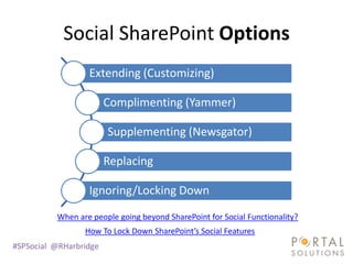 Social SharePoint Options
                  Extending (Customizing)

                        Complimenting (Yammer)

                        Supplementing (Newsgator)

                        Replacing

                  Ignoring/Locking Down
          When are people going beyond SharePoint for Social Functionality?
                 How To Lock Down SharePoint’s Social Features
#SPSocial @RHarbridge
 