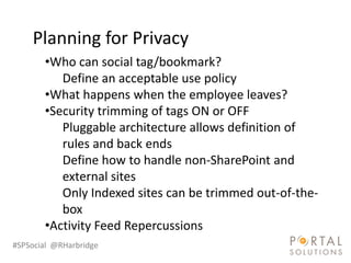 Planning for Privacy
       •Who can social tag/bookmark?
          Define an acceptable use policy
       •What happens when the employee leaves?
       •Security trimming of tags ON or OFF
          Pluggable architecture allows definition of
          rules and back ends
          Define how to handle non-SharePoint and
          external sites
          Only Indexed sites can be trimmed out-of-the-
          box
       •Activity Feed Repercussions
#SPSocial @RHarbridge
 
