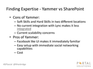Finding Expertise - Yammer vs SharePoint
     • Cons of Yammer:
         – Soft Skills and Hard Skills in two different locations
         – No current integration with Lync makes it less
           integrated
         – Current scalability concerns
     • Pros of Yammer:
         – Facebook like UI makes it immediately familiar
         – Easy setup with immediate social networking
           capabilities
         – Cost


#SPSocial @RHarbridge
 