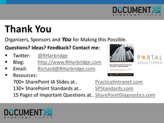 Thank You
Organizers, Sponsors and You for Making this Possible.
Questions? Ideas? Feedback? Contact me:
 Twitter: @RHarbridge
 Blog:        http://www.RHarbridge.com
 Email:       Richard@RHarbridge.com
 Resources:
   700+ SharePoint IA Slides at..       PracticalIntranet.com
   130+ SharePoint Standards at..       SPStandards.com
   15 Pages of Important Questions at.. SharePointDiagnostics.com


#SPSocial @RHarbridge
 