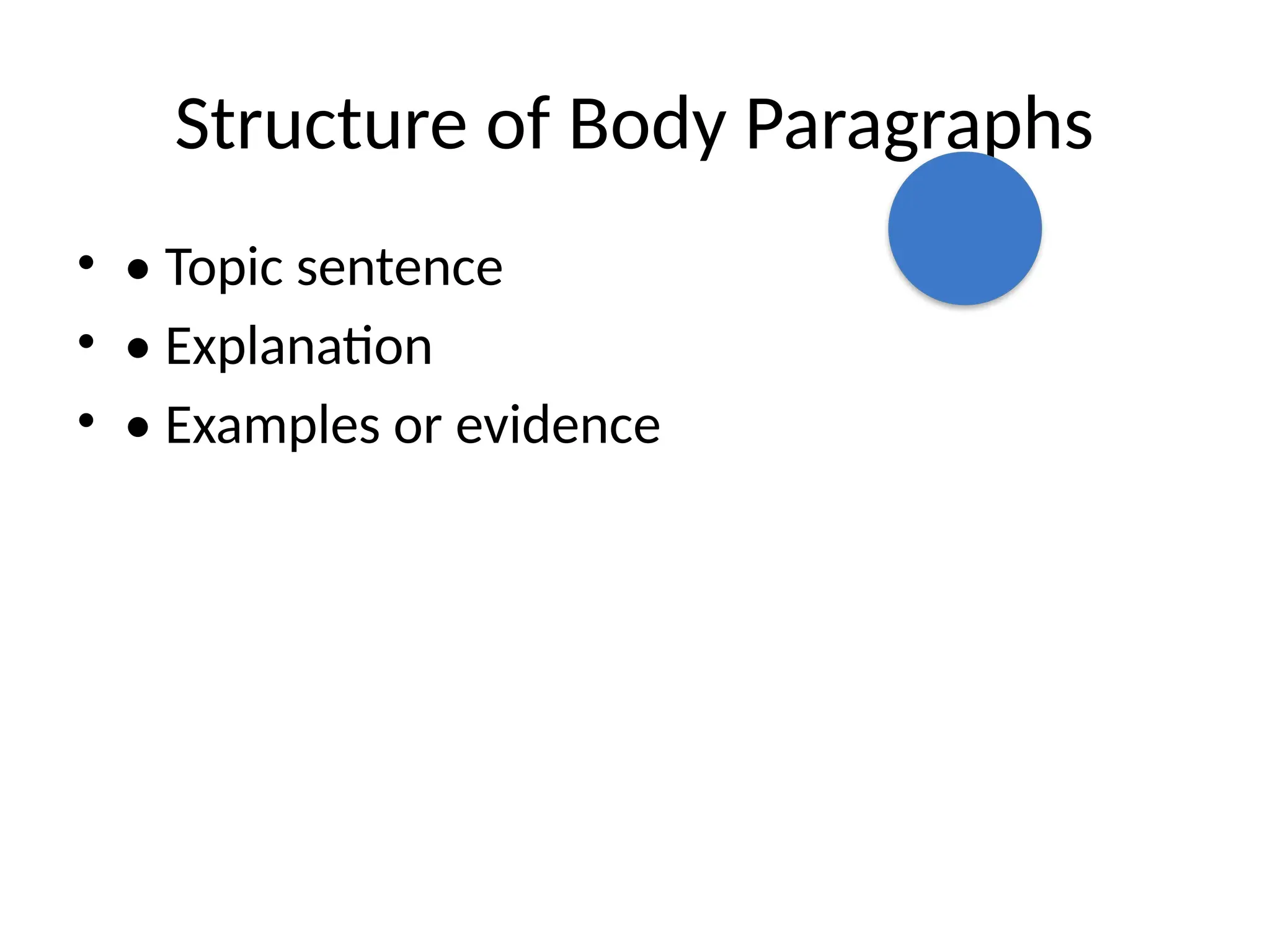 Structure of Body Paragraphs
• • Topic sentence
• • Explanation
• • Examples or evidence
 