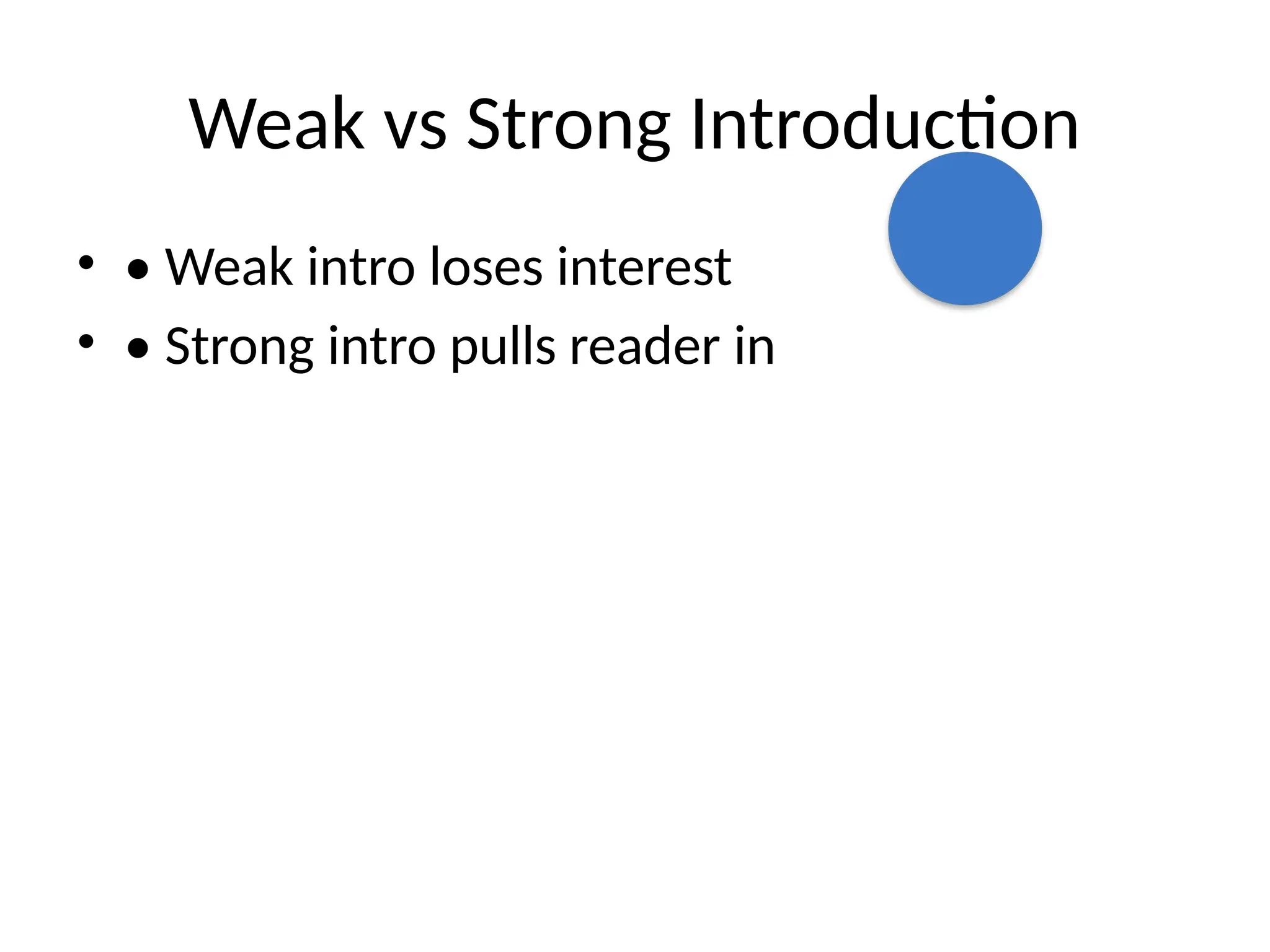Weak vs Strong Introduction
• • Weak intro loses interest
• • Strong intro pulls reader in
 