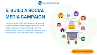 5. BUILD A SOCIAL
MEDIA CAMPAIGN
www.trackmyhashtag.com
The insights derived from the Historical hashtag
dataset can help in defining the upcoming social
media campaign. Finding the top-performing
tweets, users, hashtags, media and URLs can help in
streamlining the future social media campaigns.
 