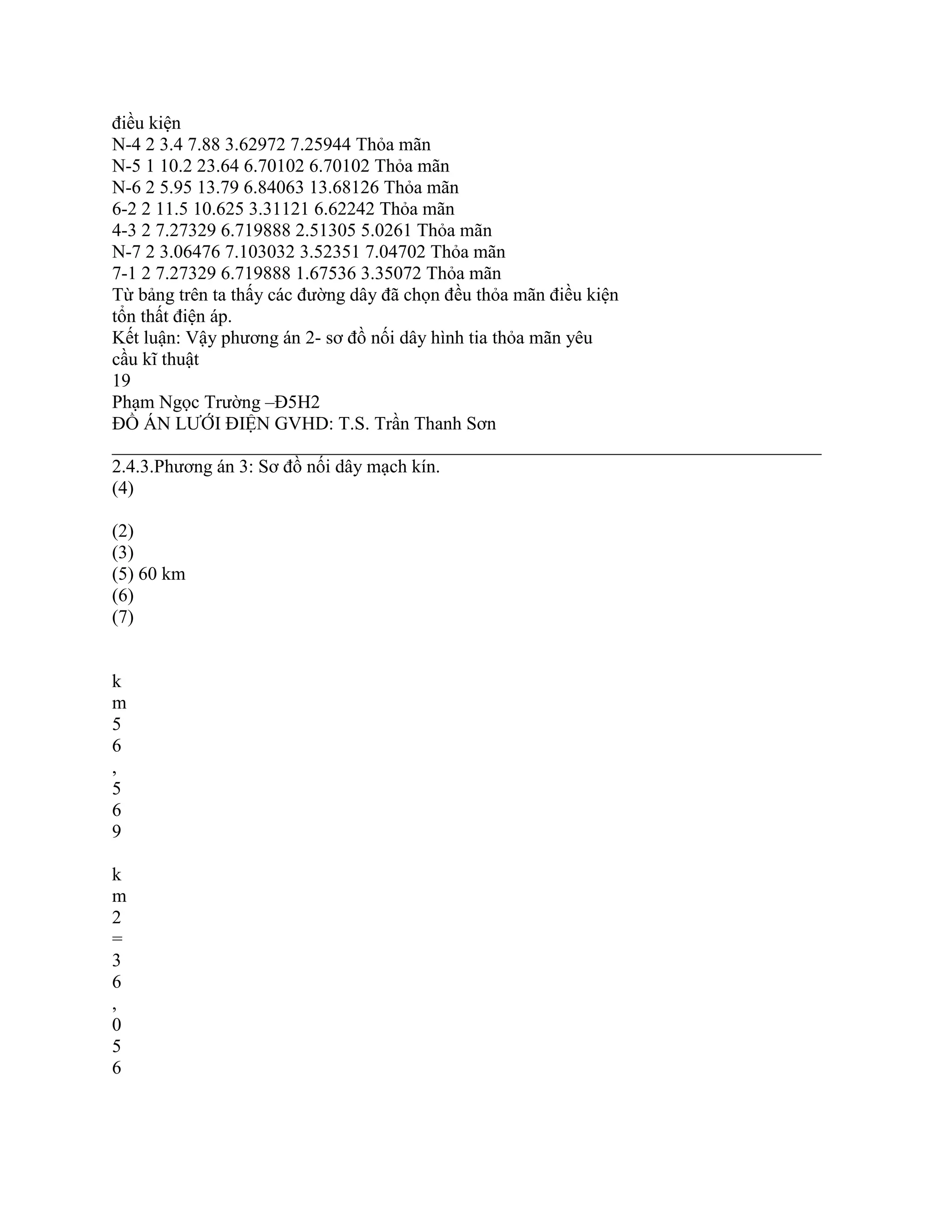 điều kiện
N-4 2 3.4 7.88 3.62972 7.25944 Thỏa mãn
N-5 1 10.2 23.64 6.70102 6.70102 Thỏa mãn
N-6 2 5.95 13.79 6.84063 13.68126 Thỏa mãn
6-2 2 11.5 10.625 3.31121 6.62242 Thỏa mãn
4-3 2 7.27329 6.719888 2.51305 5.0261 Thỏa mãn
N-7 2 3.06476 7.103032 3.52351 7.04702 Thỏa mãn
7-1 2 7.27329 6.719888 1.67536 3.35072 Thỏa mãn
Từ bảng trên ta thấy các đường dây đã chọn đều thỏa mãn điều kiện
tổn thất điện áp.
Kết luận: Vậy phương án 2- sơ đồ nối dây hình tia thỏa mãn yêu
cầu kĩ thuật
19
Phạm Ngọc Trường –Đ5H2
ĐỒ ÁN LƯỚI ĐIỆN GVHD: T.S. Trần Thanh Sơn
____________________________________________________________________________
2.4.3.Phương án 3: Sơ đồ nối dây mạch kín.
(4)
(2)
(3)
(5) 60 km
(6)
(7)
k
m
5
6
,
5
6
9
k
m
2
=
3
6
,
0
5
6
 