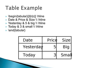    begin{tabular}{|l|r|c|} hline
   Date & Price & Size  hline
   Yesterday & 5 & big  hline
   Today & 3 & small  hline
   end{tabular}
 