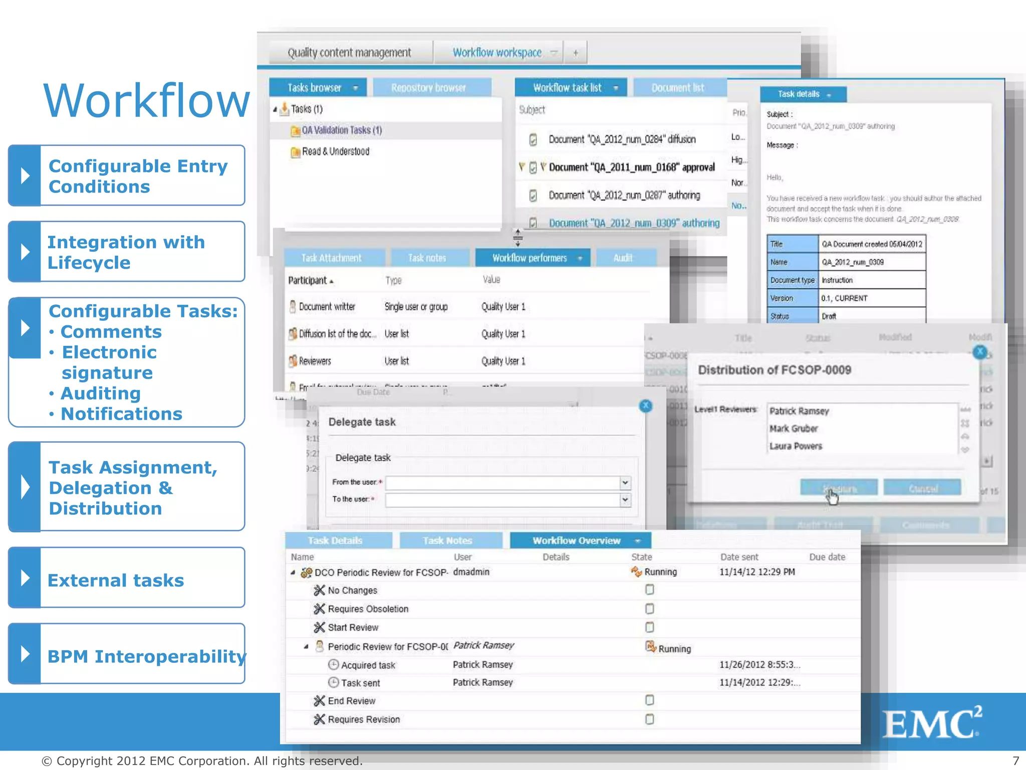 7© Copyright 2012 EMC Corporation. All rights reserved.
Workflow
Configurable Entry
Conditions
Integration with
Lifecycle
Configurable Tasks:
• Comments
• Electronic
signature
• Auditing
• Notifications
Task Assignment,
Delegation &
Distribution
External tasks
BPM Interoperability
 