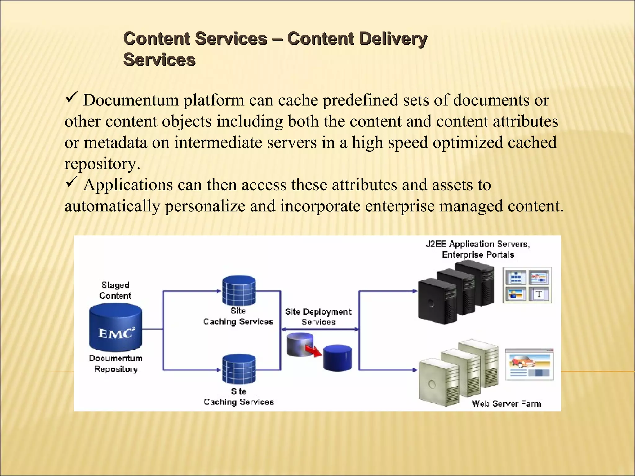 Content Services – Content Delivery Services  Documentum platform can cache predefined sets of documents or other content objects including both the content and content attributes or metadata on intermediate servers in a high speed optimized cached repository. Applications can then access these attributes and assets to automatically personalize and incorporate enterprise managed content. 