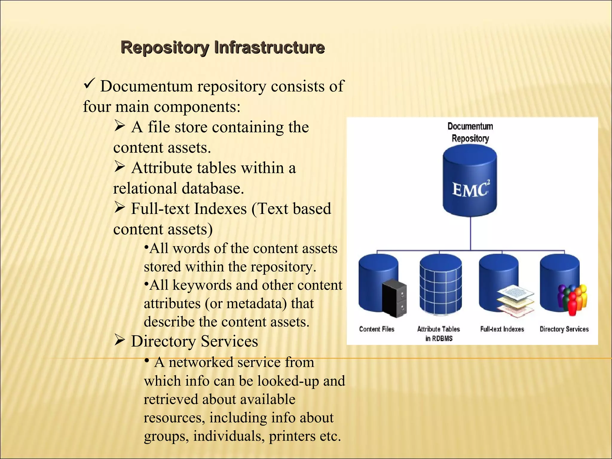 Repository Infrastructure Documentum repository consists of four main components: A file store containing the content assets. Attribute tables within a relational database. Full-text Indexes (Text based content assets) All words of the content assets stored within the repository. All keywords and other content attributes (or metadata) that describe the content assets. Directory Services A networked service from which info can be looked-up and retrieved about available resources, including info about groups, individuals, printers etc. 
