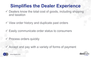 Simplifies the Dealer Experience
 Dealers know the total cost of goods, including shipping
and taxation
 View order history and duplicate past orders
 Easily communicate order status to consumers
 Process orders quickly
 Accept and pay with a variety of forms of payment
www.digabit.com12
 
