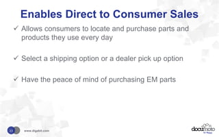 Enables Direct to Consumer Sales
 Allows consumers to locate and purchase parts and
products they use every day
 Select a shipping option or a dealer pick up option
 Have the peace of mind of purchasing EM parts
www.digabit.com13
 