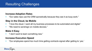 Resulting Challenges
Increase Adoption Rates
§  “Our sales reps use the CRM sporadically because they see it as busy work.”
Stay in the Cloud, be Mobile
§  “I love the cloud. I want all my business processes to be automated and digital.”
§  “We need to send/sign on mobile devices.”
Make it Easy
§  “I don’t want to learn something new.”
Increase Execution Speed
§  “Our employees spend too much time getting contracts signed after getting to ‘yes.’
 