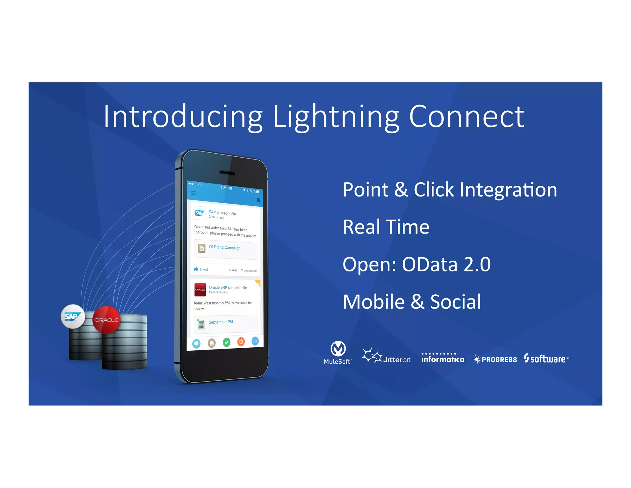 Introducing  Lightning  Connect
Point	
  &	
  Click	
  IntegraTon	
  
Real	
  Time	
  
Open:	
  OData	
  2.0	
  
Mobile	
  &	
  Social	
  
 