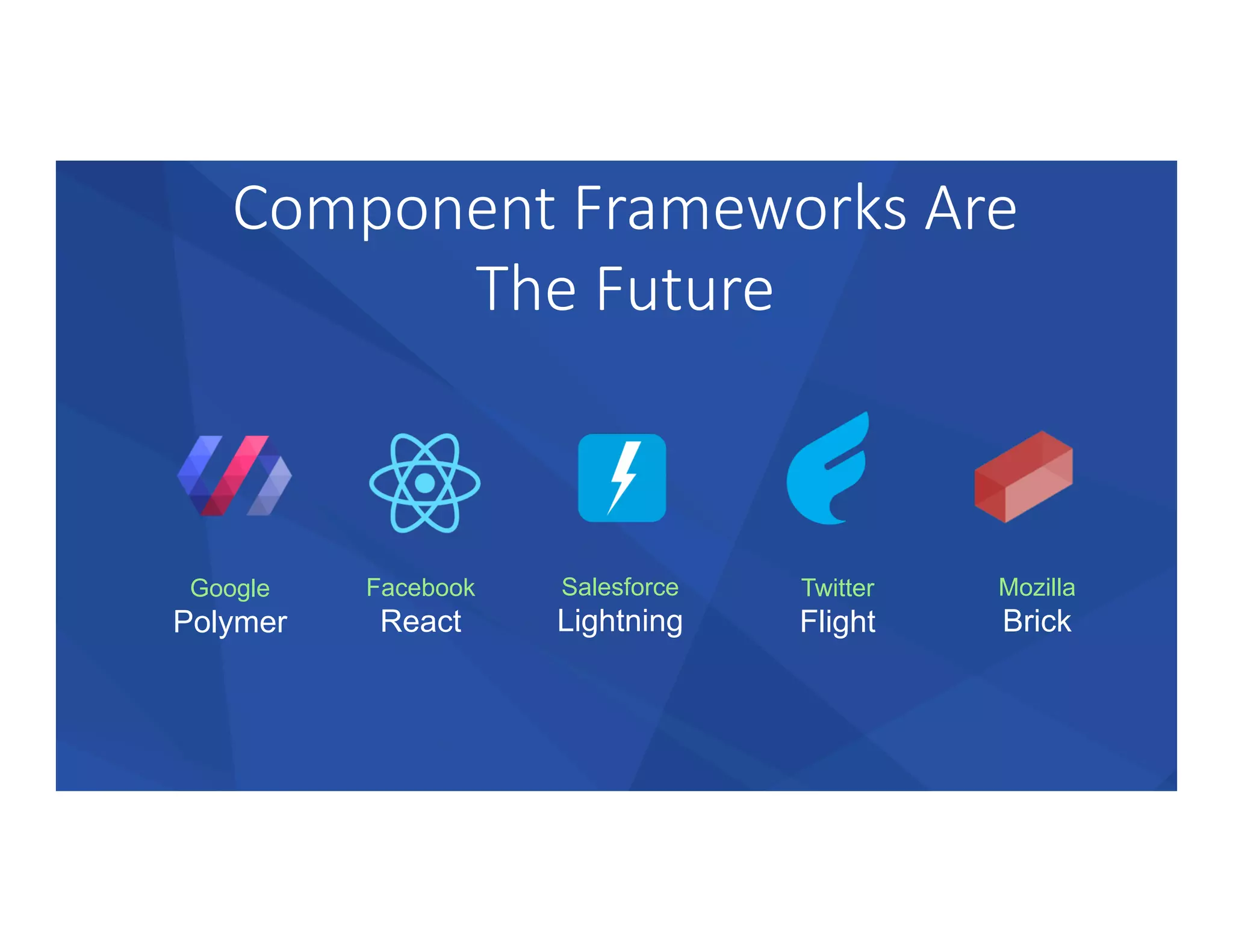 Component  Frameworks  Are  
The  Future
Google
Polymer	
  
Facebook
React	
  
Salesforce
Lightning	
  
Twitter
Flight	
  
Mozilla
Brick	
  
 
