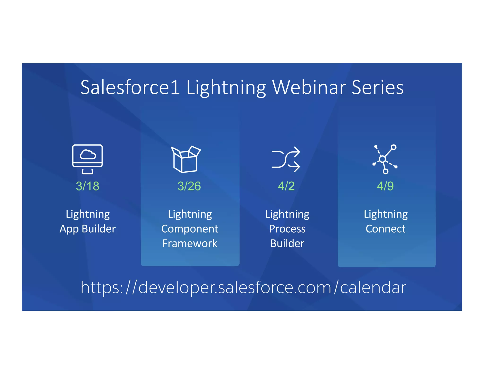 Salesforce1  Lightning  Webinar  Series
3/18 3/26
Lightning	
  
App	
  Builder	
  
Lightning	
  
Component	
  
Framework	
  
4/2
Lightning	
  
Process	
  
Builder	
  
4/9
Lightning	
  
Connect	
  
https://developer.salesforce.com/calendar
 