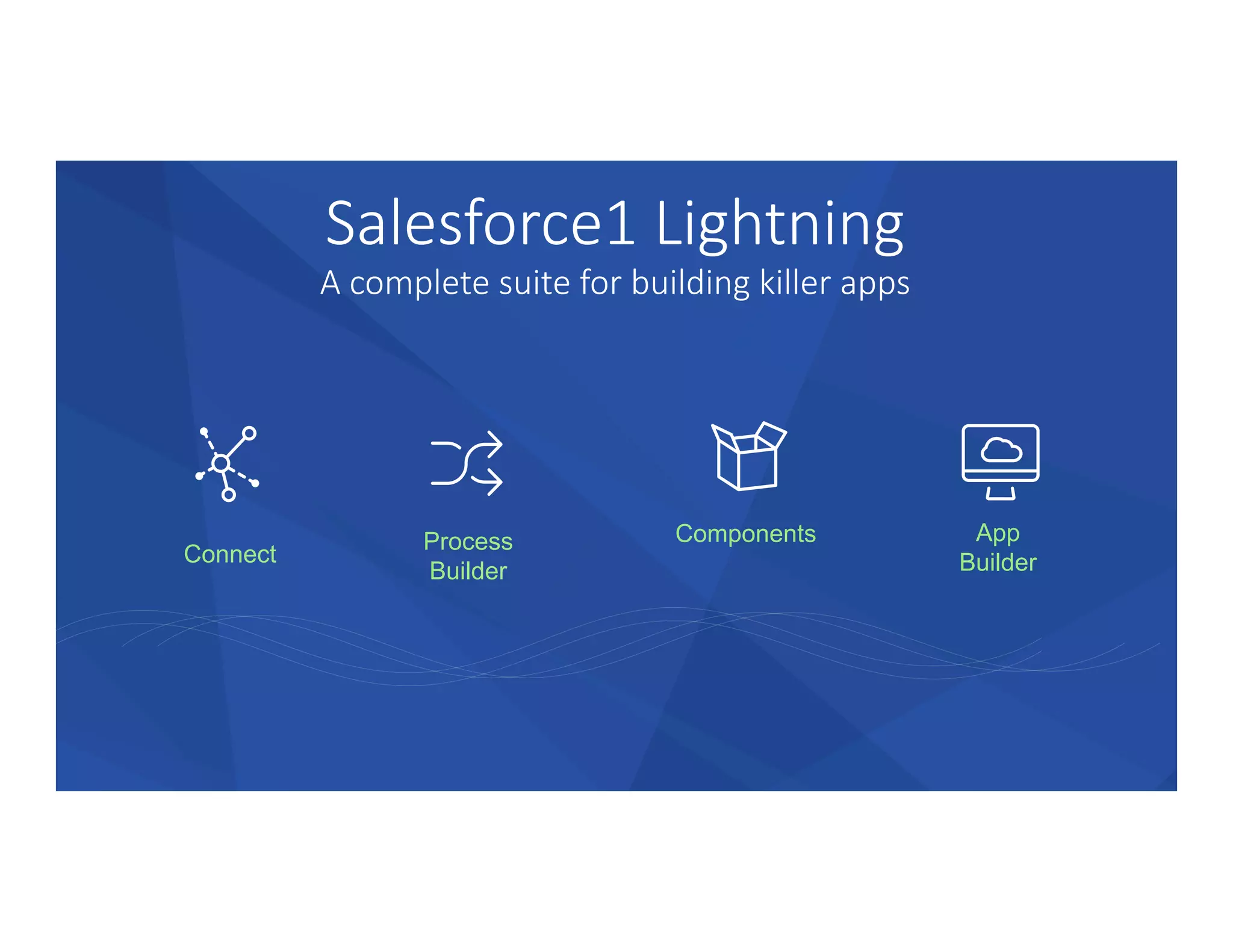 Salesforce1  Lightning  
A  complete  suite  for  building  killer  apps
Connect
Process
Builder
App
Builder
Components
 