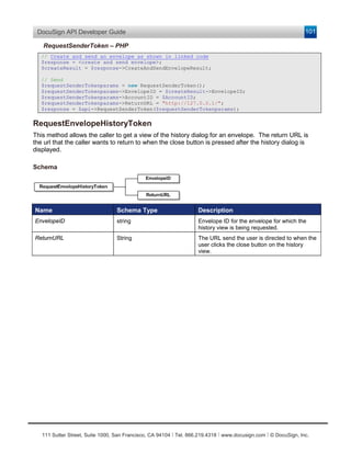 DocuSign API Developer Guide                                                                                    101

   RequestSenderToken – PHP
   // Create and send an envelope as shown in linked code
   $response = <create and send envelope>;
   $createResult = $response->CreateAndSendEnvelopeResult;

   // Send
   $requestSenderTokenparams = new RequestSenderToken();
   $requestSenderTokenparams->EnvelopeID = $createResult->EnvelopeID;
   $requestSenderTokenparams->AccountID = $AccountID;
   $requestSenderTokenparams->ReturnURL = "http://127.0.0.1/";
   $response = $api->RequestSenderToken($requestSenderTokenparams);

RequestEnvelopeHistoryToken
This method allows the caller to get a view of the history dialog for an envelope. The return URL is
the url that the caller wants to return to when the close button is pressed after the history dialog is
displayed.

Schema




Name                              Schema Type                       Description
EnvelopeID                        string                            Envelope ID for the envelope for which the
                                                                    history view is being requested.
ReturnURL                         String                            The URL send the user is directed to when the
                                                                    user clicks the close button on the history
                                                                    view.




   111 Sutter Street, Suite 1000, San Francisco, CA 94104 Ι Tel. 866.219.4318 Ι www.docusign.com Ι © DocuSign, Inc.
 