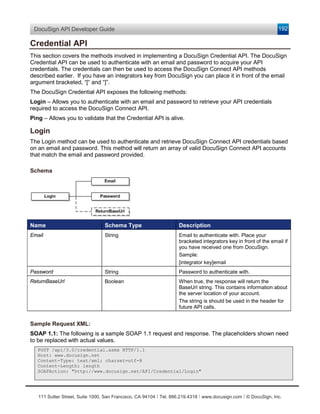 DocuSign API Developer Guide                                                                                    192

Credential API
This section covers the methods involved in implementing a DocuSign Credential API. The DocuSign
Credential API can be used to authenticate with an email and password to acquire your API
credentials. The credentials can then be used to access the DocuSign Connect API methods
described earlier. If you have an integrators key from DocuSign you can place it in front of the email
argument bracketed, “[“ and “]”.
The DocuSign Credential API exposes the following methods:
Login – Allows you to authenticate with an email and password to retrieve your API credentials
required to access the DocuSign Connect API.
Ping – Allows you to validate that the Credential API is alive.

Login
The Login method can be used to authenticate and retrieve DocuSign Connect API credentials based
on an email and password. This method will return an array of valid DocuSign Connect API accounts
that match the email and password provided.

Schema




Name                             Schema Type                       Description
Email                            String                            Email to authenticate with. Place your
                                                                   bracketed integrators key in front of the email if
                                                                   you have received one from DocuSign.
                                                                   Sample:
                                                                   [integrator key]email
Password                         String                            Password to authenticate with.
ReturnBaseUrl                    Boolean                           When true, the response will return the
                                                                   BaseUrl string. This contains information about
                                                                   the server location of your account.
                                                                   The string is should be used in the header for
                                                                   future API calls.


Sample Request XML:
SOAP 1.1: The following is a sample SOAP 1.1 request and response. The placeholders shown need
to be replaced with actual values.
   POST /api/3.0/credential.asmx HTTP/1.1
   Host: www.docusign.net
   Content-Type: text/xml; charset=utf-8
   Content-Length: length
   SOAPAction: "http://www.docusign.net/API/Credential/Login"




   111 Sutter Street, Suite 1000, San Francisco, CA 94104 Ι Tel. 866.219.4318 Ι www.docusign.com Ι © DocuSign, Inc.
 